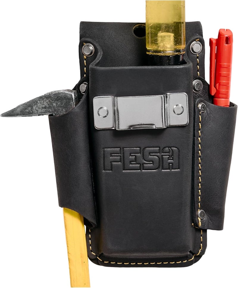 fesa Small Leather Tool Pouch - 4-in-1 Heavy Top Grain Leather Small Tool Pouch with a Tape Measure Holder, 3 Pockets & Reinforced Heavy Duty Rivets - Fits Belts up to 3" - Handcrafted - Image 1